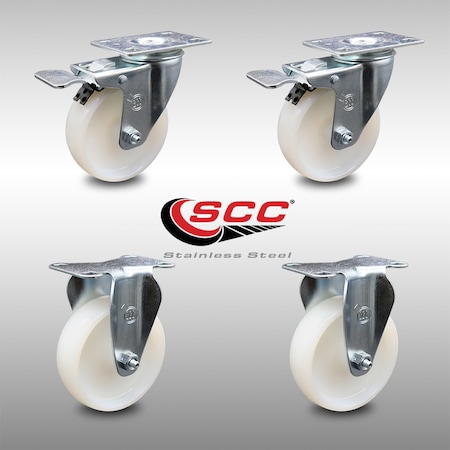 Service Caster 4 Inch SS Nylon Wheel Swivel Top Plate Caster Lock Brake 2 Rigid SCC, 2PK SCC-SSTTL20S414-NYS-2-R-2